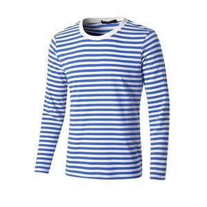 Blue White Striped T Shirt Crew Neck Long Sleeve Casual Cotton Pullover Tee Top